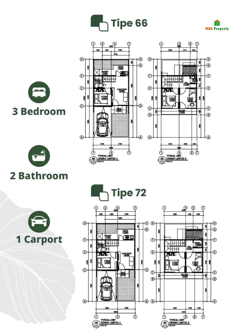 Denah rumah dijual di pusat kota Bogor SAI Eduliving 3 tipe 2 lantai 3 kamar tidur