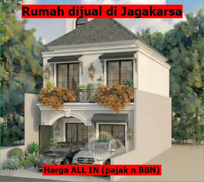 Rumah dijual di Jagakarsa 2 lantai tampak depan dengan carport 1 mobil, desain American Style eksklusif harga ALL IN - MHA Property