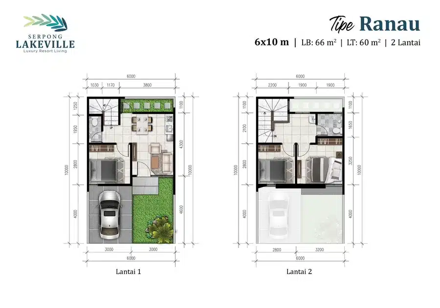 Denah rumah Tipe Ranau 6x10 Serpong Lakeville – LB 66 m², LT 60 m², 2 lantai, Cisauk Serpong