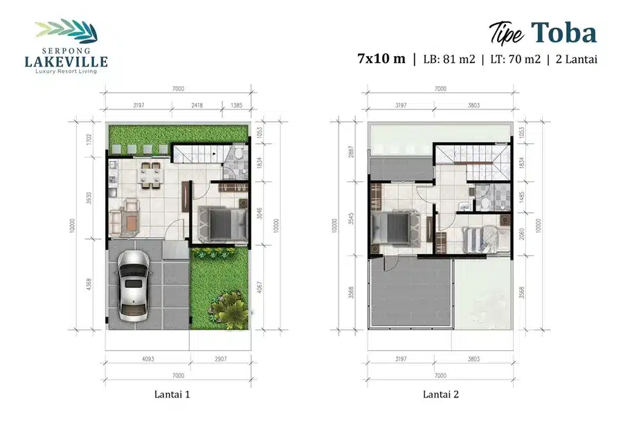 Denah rumah Tipe Toba 7x10 Serpong Lakeville – LB 81 m², LT 70 m², 3 kamar tidur, Cisauk Serpong