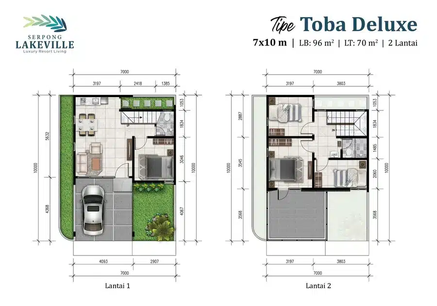 Denah rumah Tipe Toba Deluxe 7x10 Serpong Lakeville – LB 96 m², 4 kamar tidur, perluasan samping