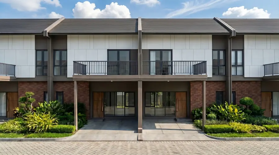 Tampak depan rumah Tipe Toba Serpong Lakeville Cisauk – fasad modern 2 lantai dengan balkon