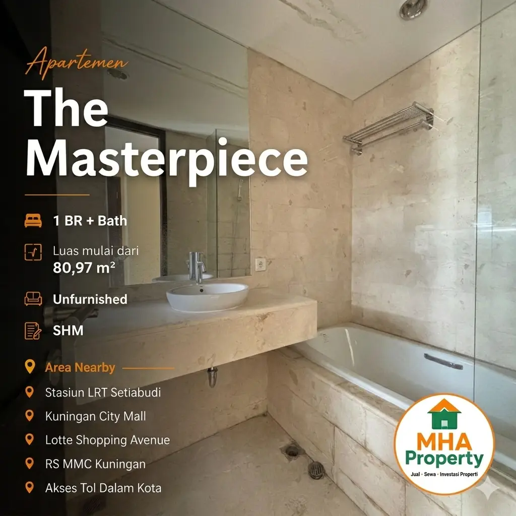 Ruang tamu luas unit 3BR The Masterpiece Condominium Epicentrum Kuningan dengan city view