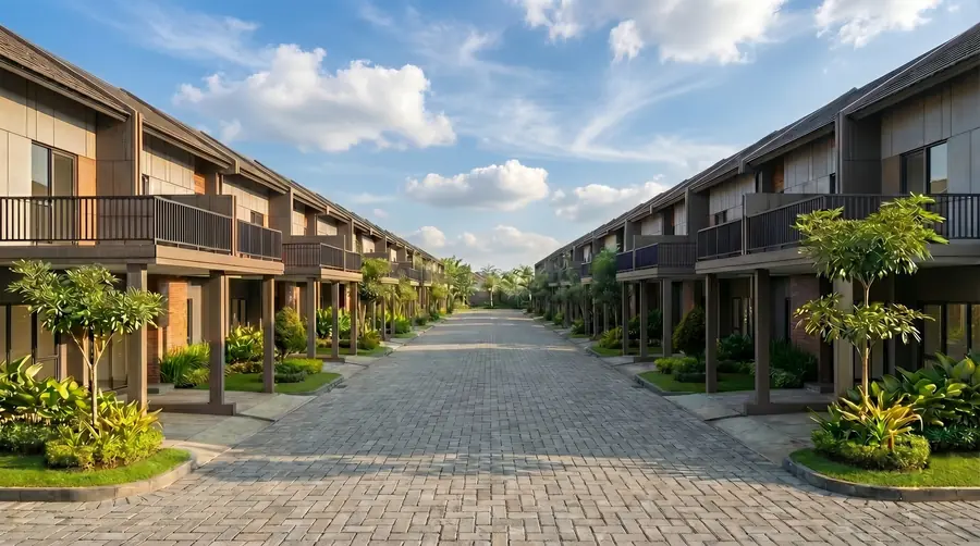 Suasana jalan cluster Serpong Lakeville Cisauk – kawasan asri dengan paving block rapi