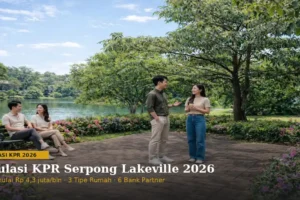 Simulasi KPR Serpong Lakeville Cisauk 2026 – keluarga muda di tepi danau kawasan resort living Serpong Lakeville