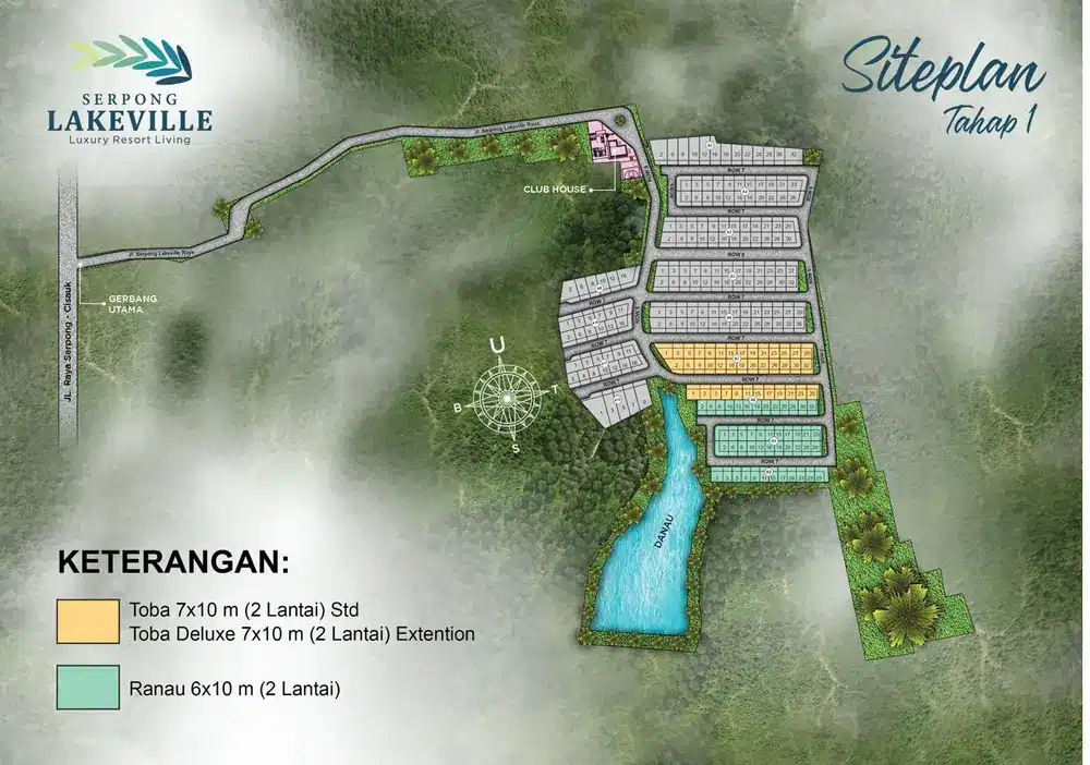 Siteplan Tahap 1 Serpong Lakeville Cisauk – peta kavling lengkap dengan posisi Club House, danau, dan cluster hunian