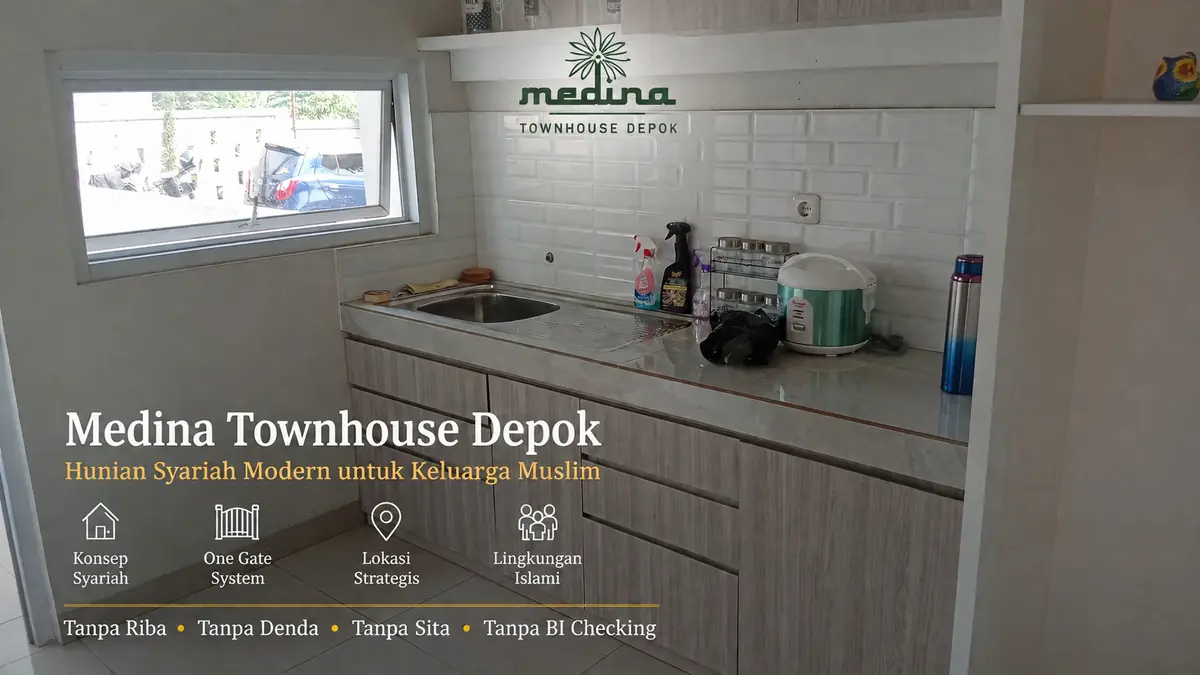 Dapur rumah syariah Medina Townhouse Depok dengan meja beton