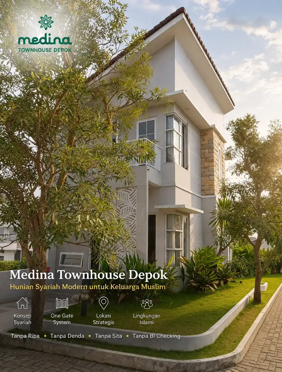 Fasad rumah syariah Medina Townhouse Depok dengan desain adaptif