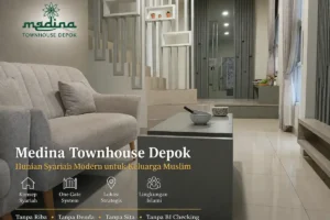 Ruang tamu rumah Medina Townhouse Depok dengan konsep modern dan tata ruang yang nyaman untuk keluarga.