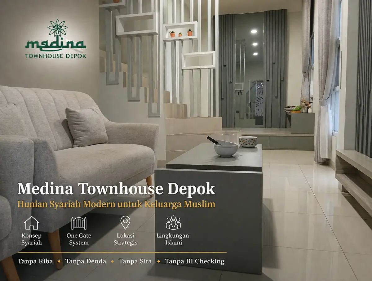 Ruang tamu Medina Townhouse Depok dengan pencahayaan alami