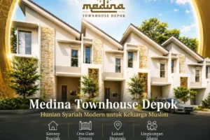 Tampak depan rumah syariah modern di Medina Townhouse Depok dengan lingkungan yang nyaman dan akses strategis ke pusat Kota Depok.