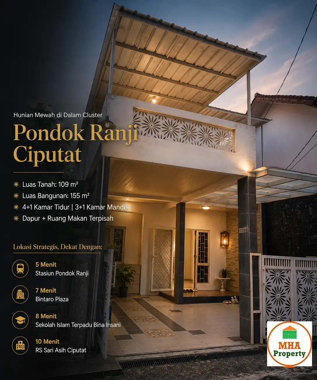 Tampak depan Rumah Harda Bintaro cluster Pondok Ranji – jual rumah SHM Ciputat Tangerang Selatan