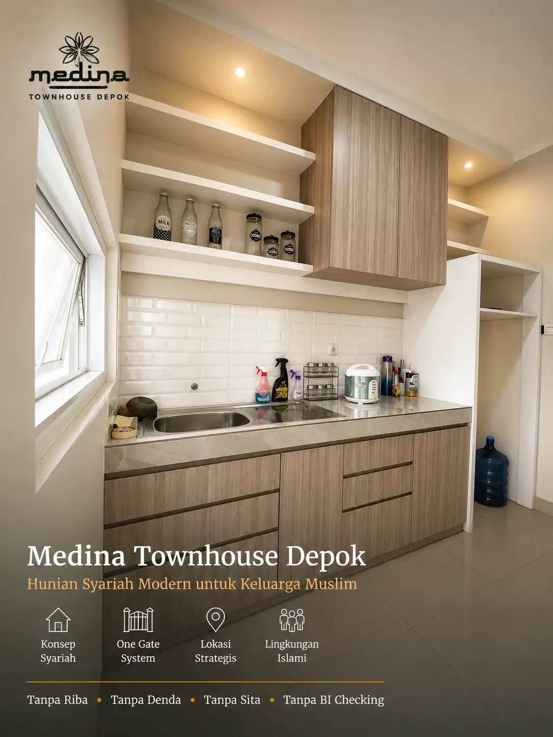 Dapur rumah syariah Medina Townhouse Depok dengan meja berlapis keramik