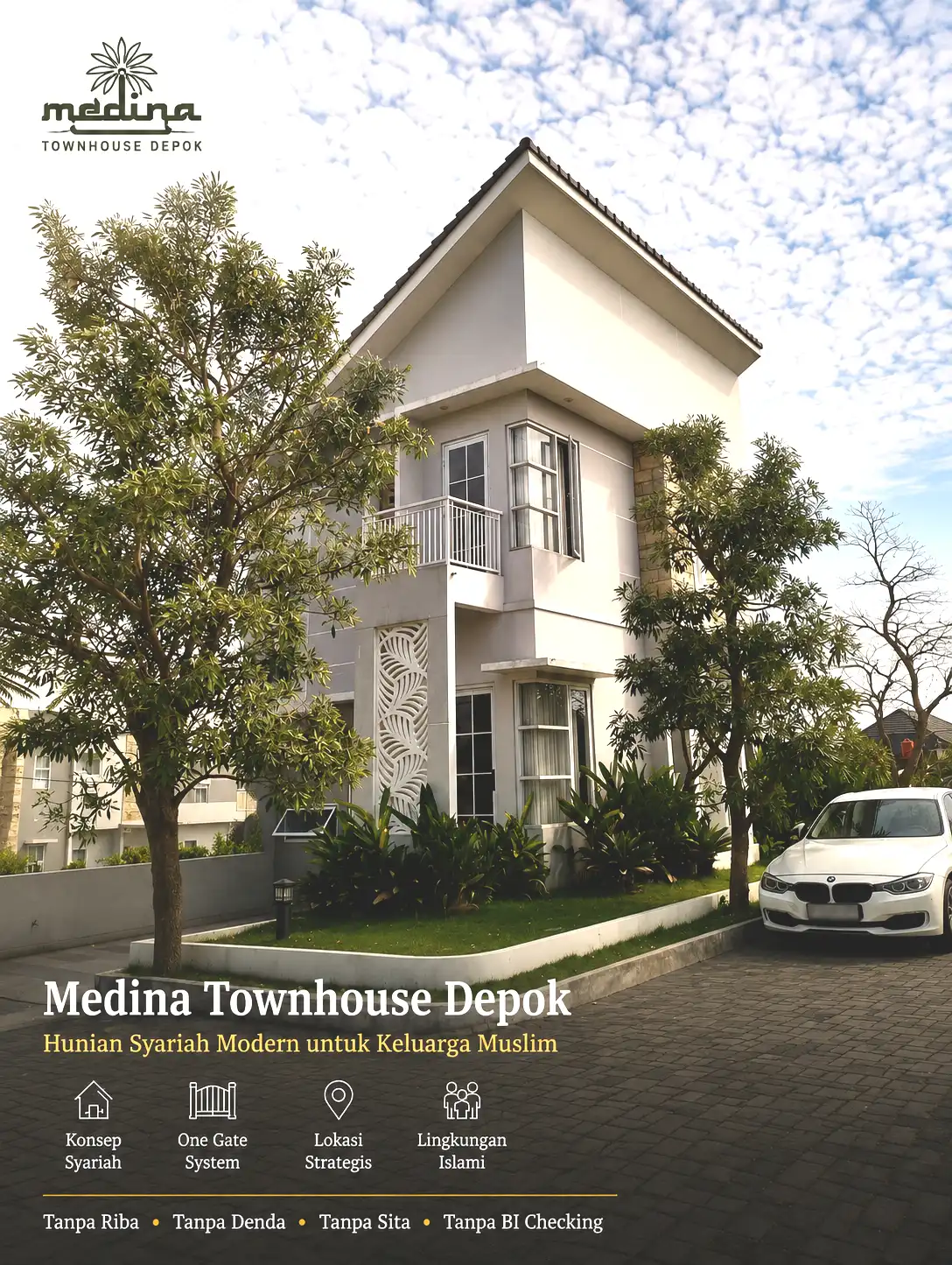 Medina Townhouse Depok tampak depan rumah syariah 2 lantai dengan taman dan carport