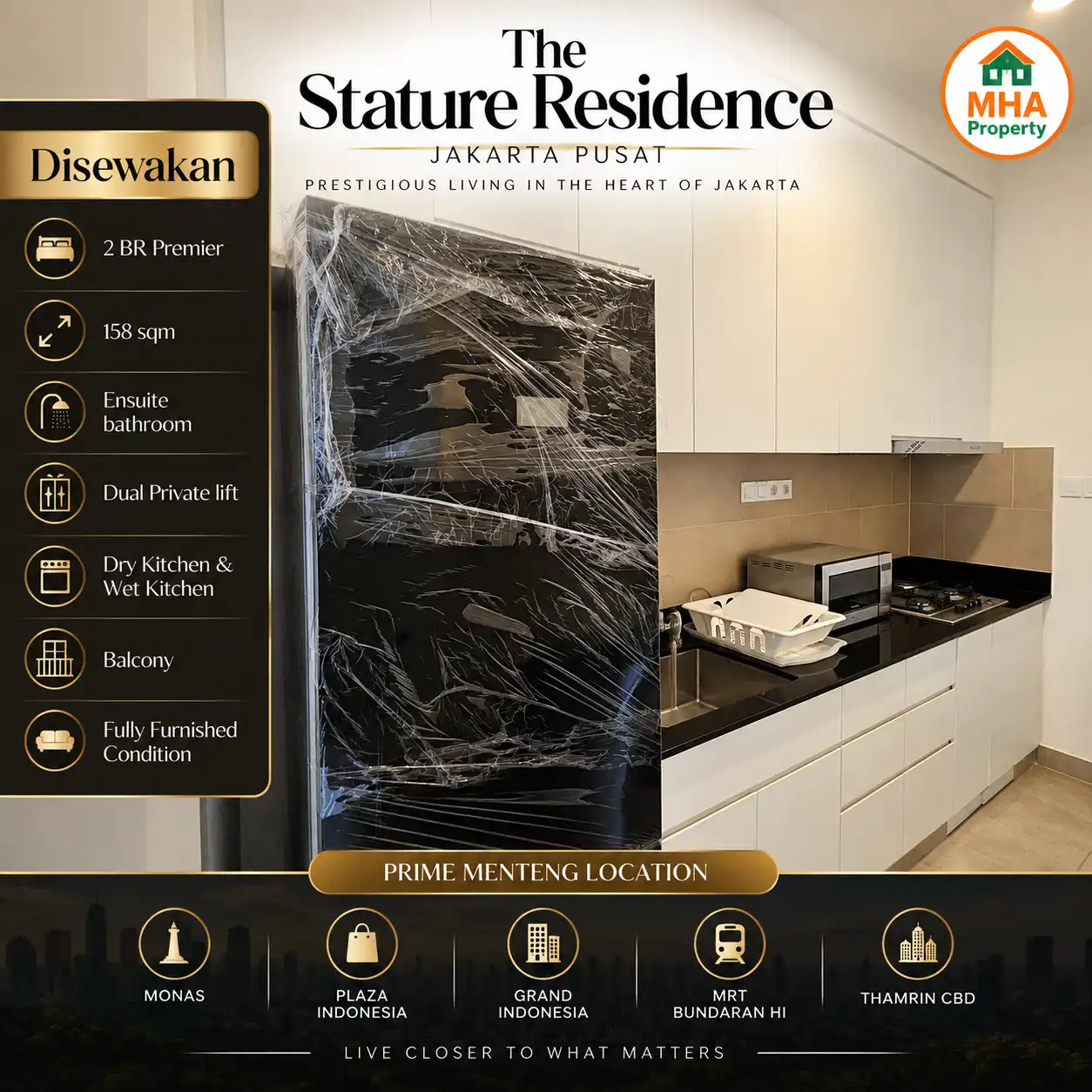 Wet kitchen unit 2 kamar tidur apartemen The Stature fully furnished