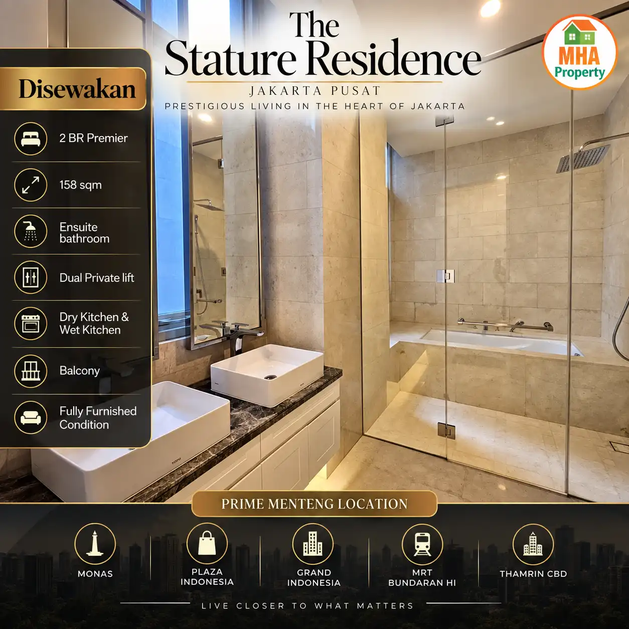 Kamar mandi ensuite unit 2BR apartemen The Stature disewakan