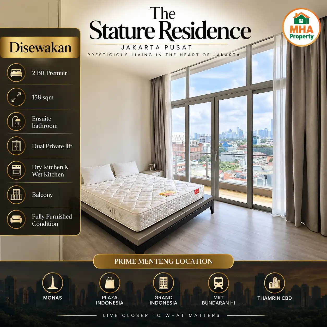 Kamar tidur kedua apartemen The Stature 2 Bedroom Premier Jakarta Pusat