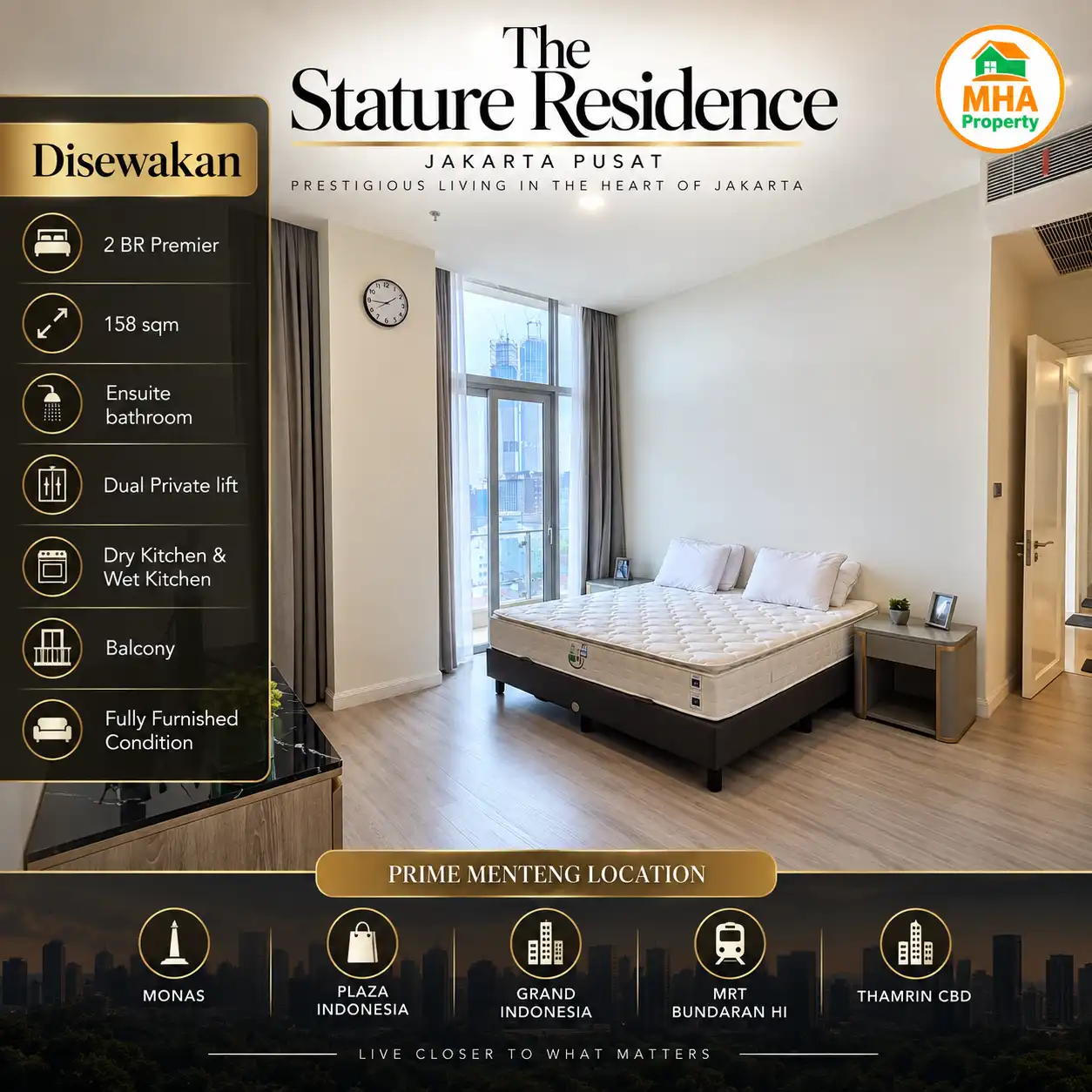 Kamar utama unit sewa apartemen The Stature 2BR Premier fully furnished