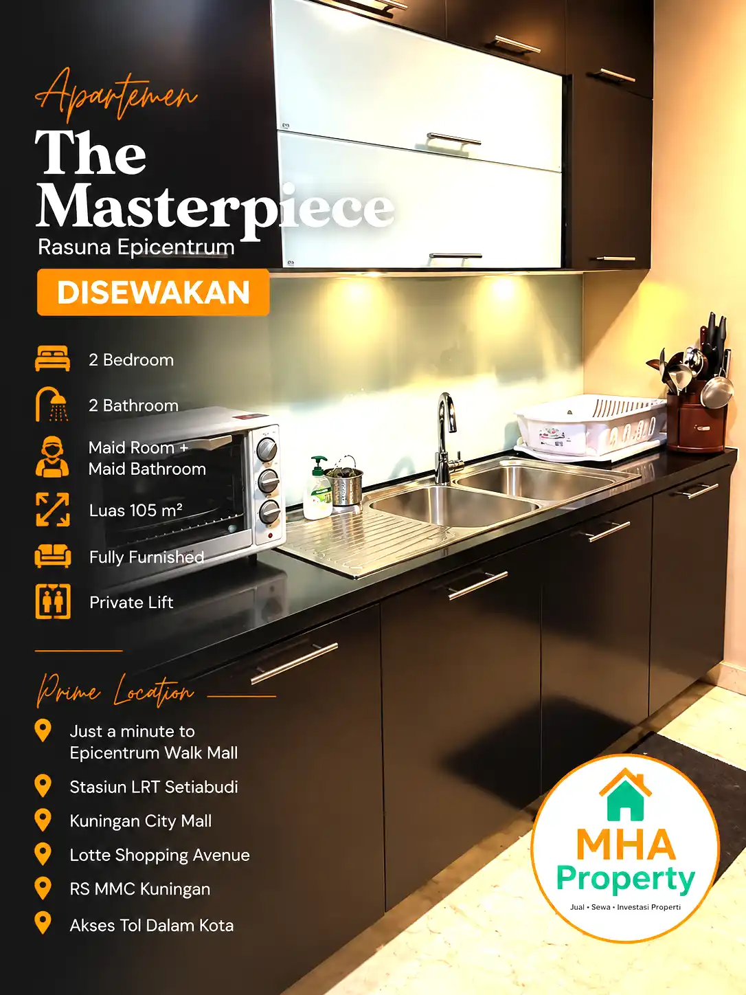 Dapur dengan kitchen set di unit apartemen Masterpiece Rasuna Epicentrum yang disewakan