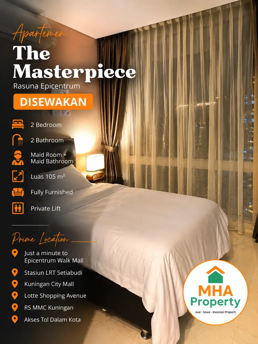 Kamar tidur kedua unit sewa apartemen Masterpiece Epicentrum 2 kamar tidur