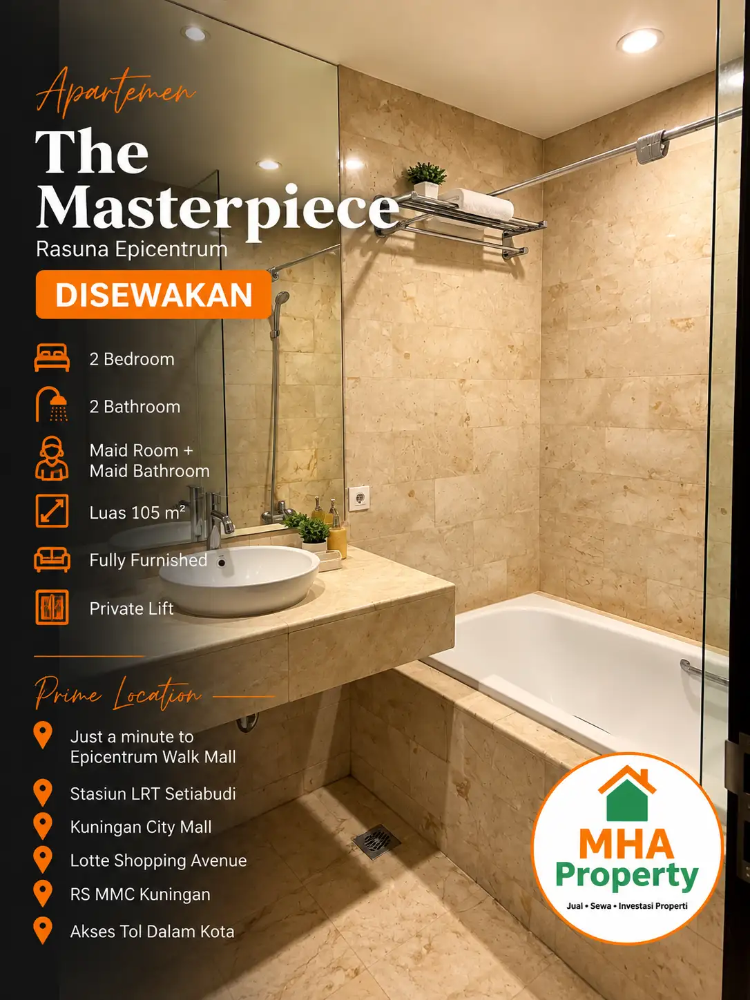 Kamar mandi unit 2BR apartemen Masterpiece Epicentrum Kuningan kondisi terawat