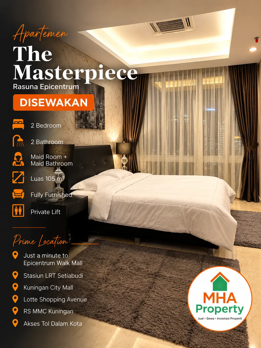 Kamar utama unit sewa apartemen Masterpiece Epicentrum 2BR 105 m2 di lantai 30