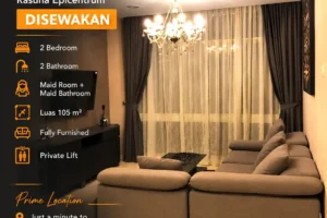 Ruang tamu full furnished sewa apartemen Masterpiece Epicentrum unit 2 kamar tidur