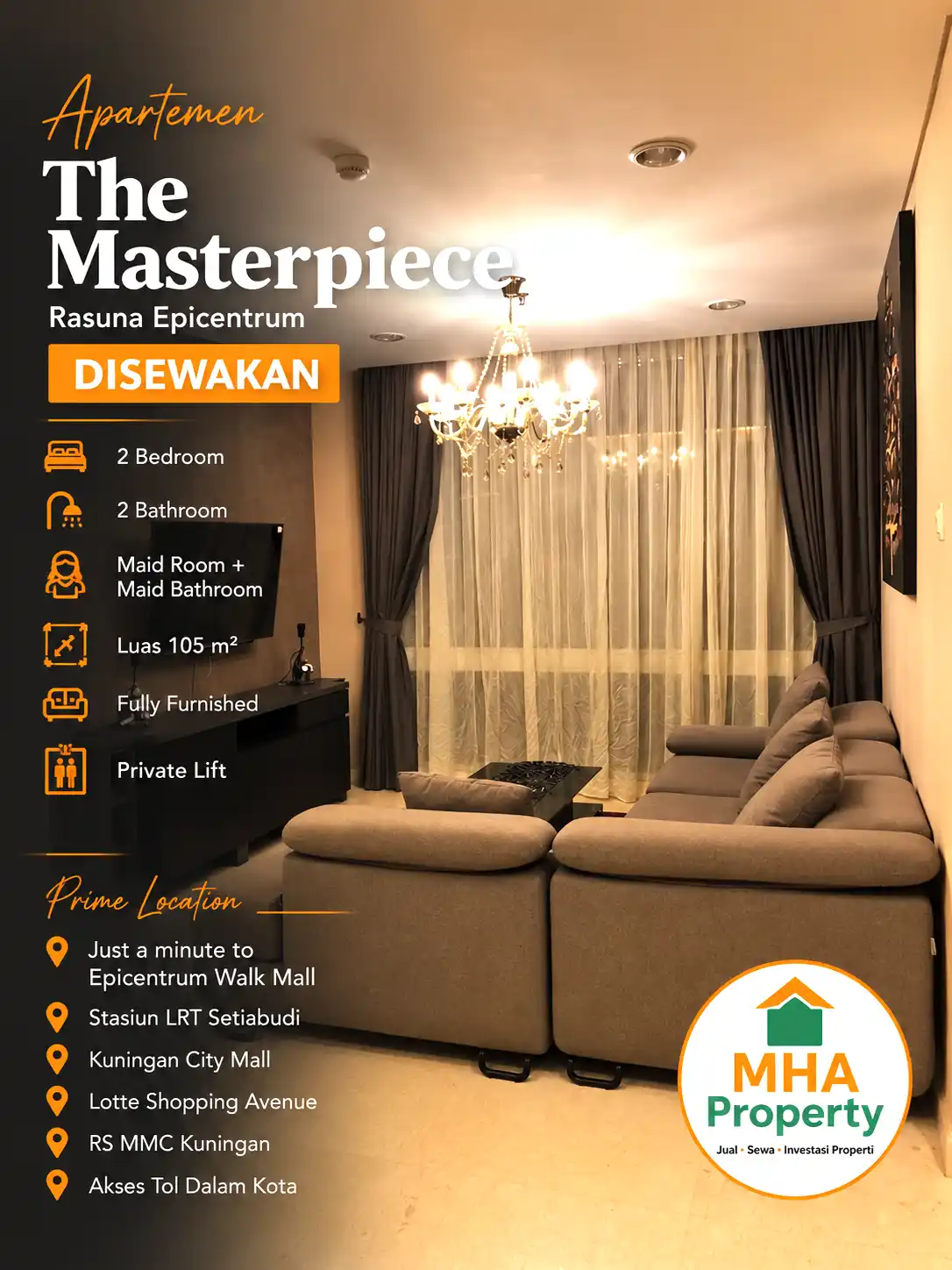 Ruang tamu apartemen 2BR Kuningan yang disewakan, ilustrasi harga sewa apartemen dua kamar tidur