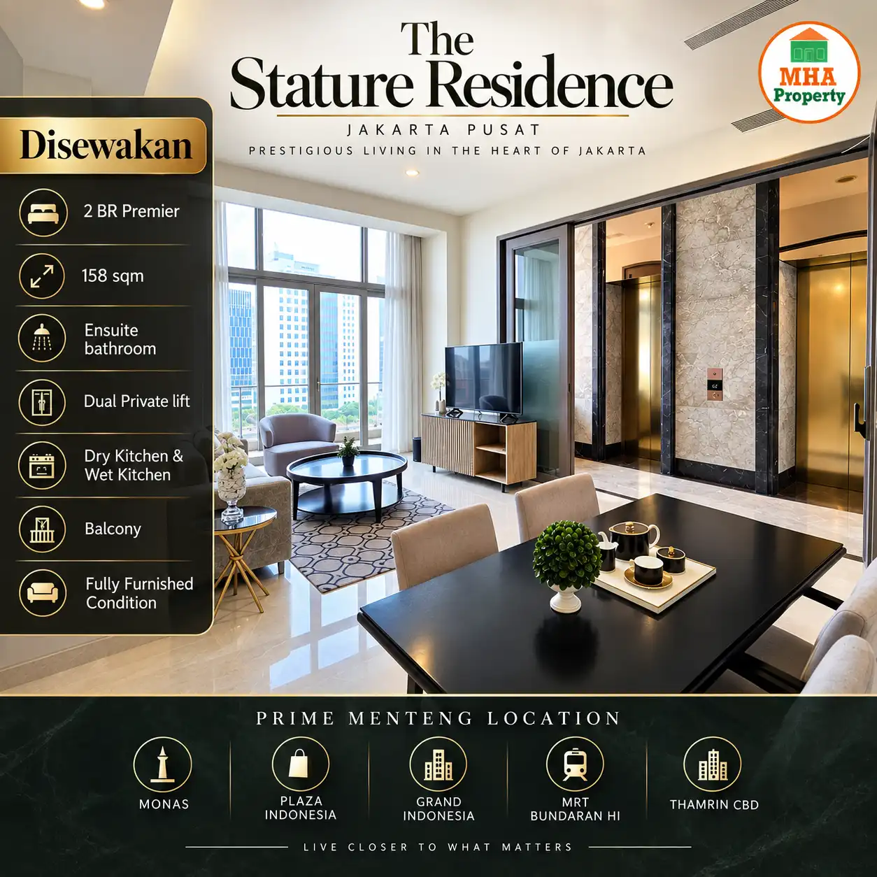 Ruang keluarga apartemen The Stature 2 kamar tidur disewakan di Menteng