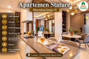 Ruang makan dan dapur unit sewa apartemen Stature 2 kamar 146 m2 di lantai 19, Menteng Jakarta Pusat