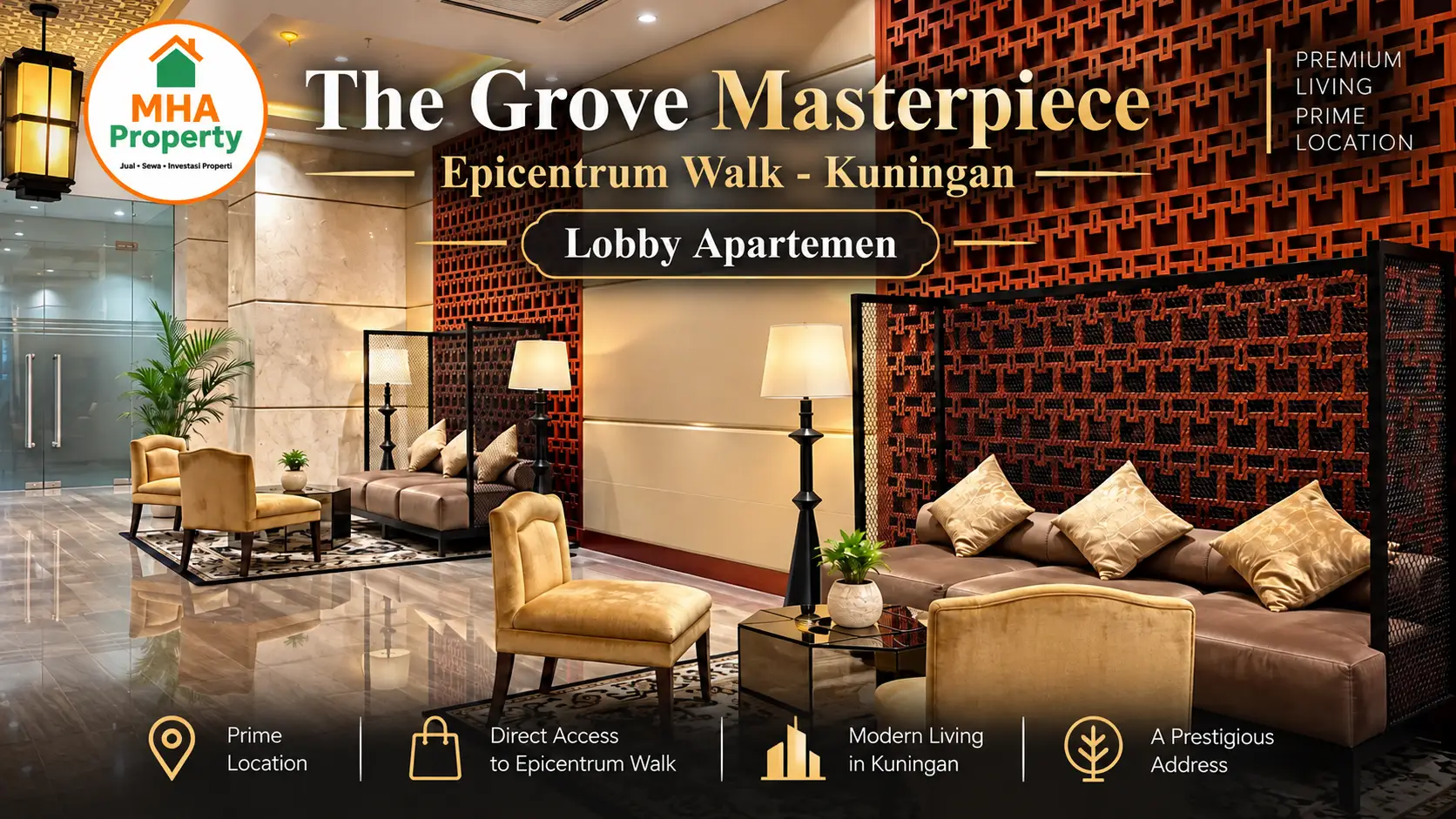 Lobby dalam apartemen Masterpiece Epicentrum Kuningan menuju unit sewa 2 kamar tidur