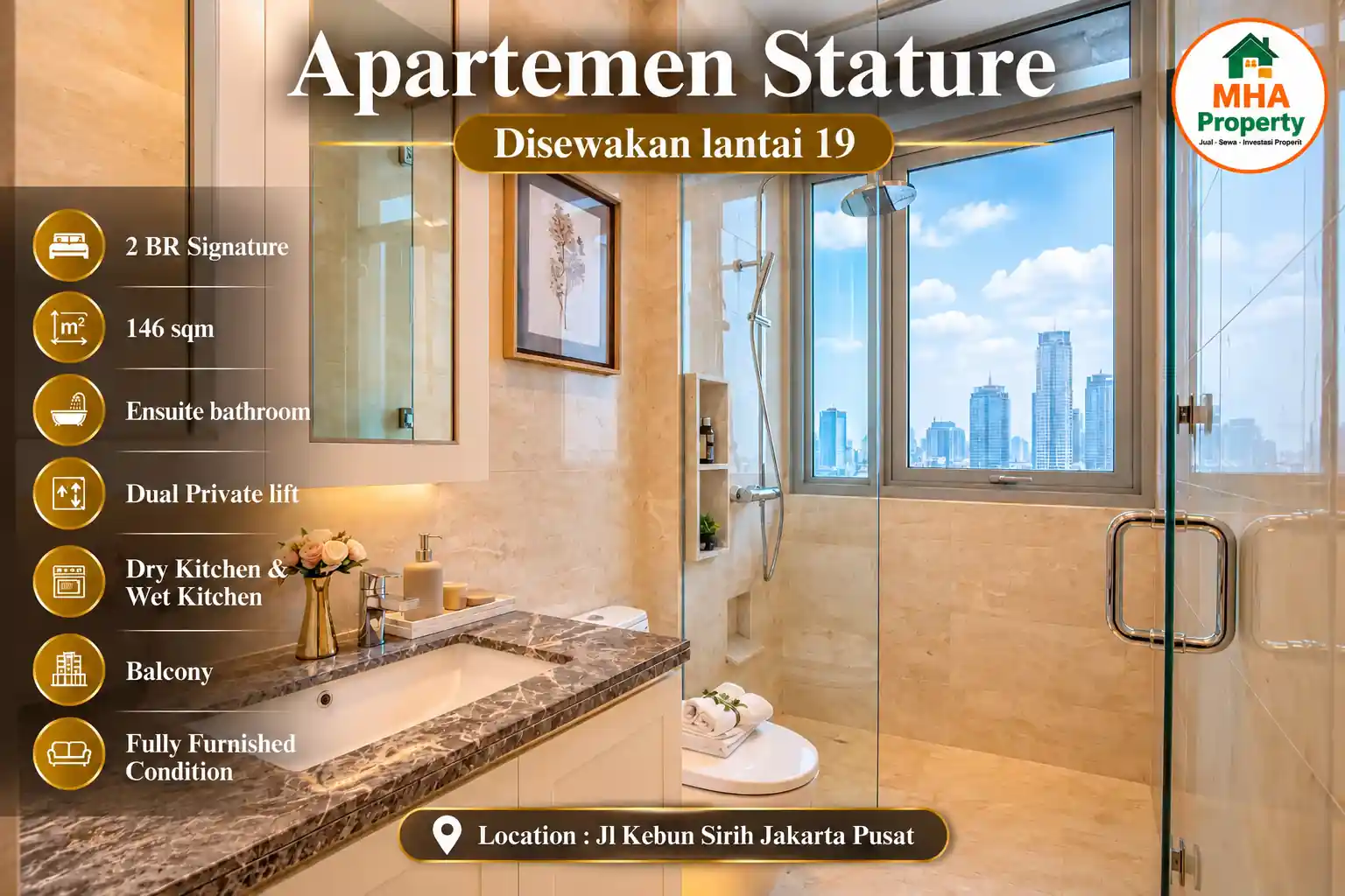 Kamar mandi utama dengan wastafel marmer di unit 2 Bedroom Signature The Stature lantai 19