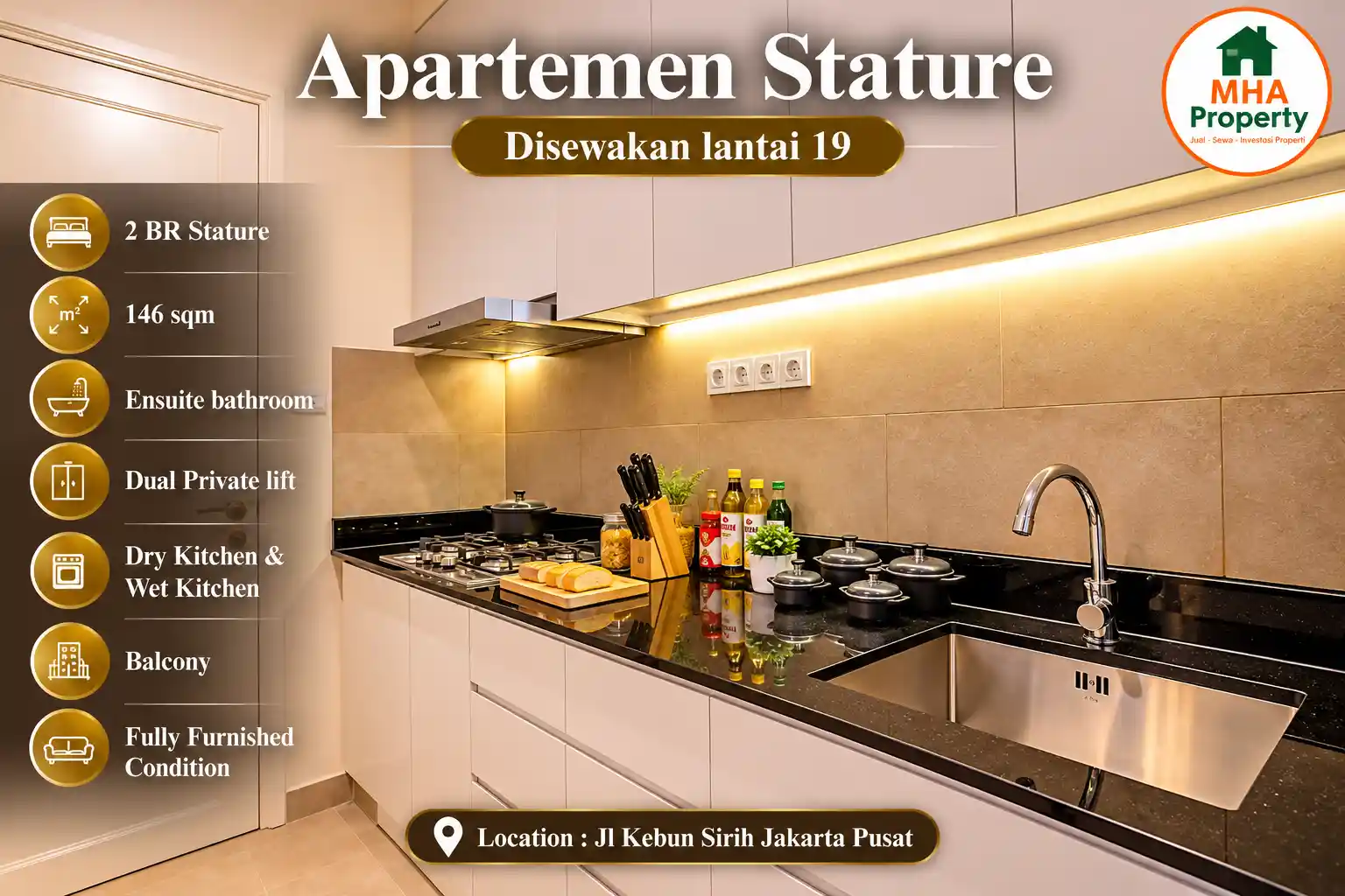 Dapur kering dengan perabot built-in di unit 2 Bedroom Signature The Stature 146 m2
