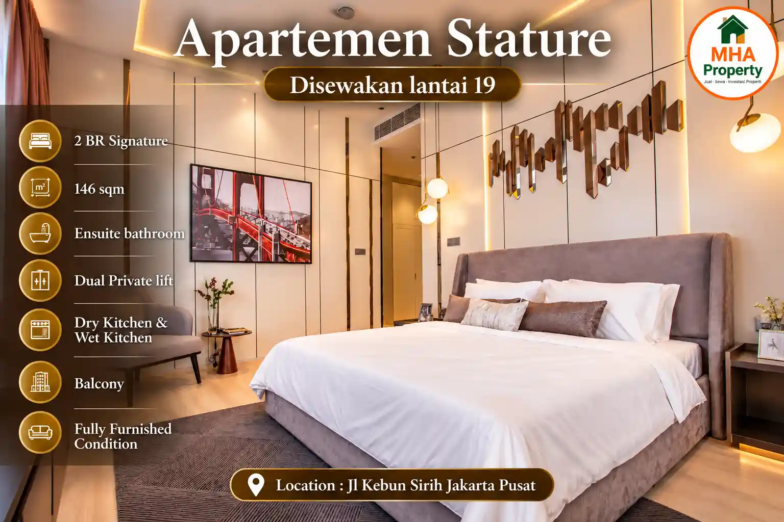 Master bedroom dengan kamar mandi ensuite di unit sewa apartemen Stature 2 kamar 146 m2