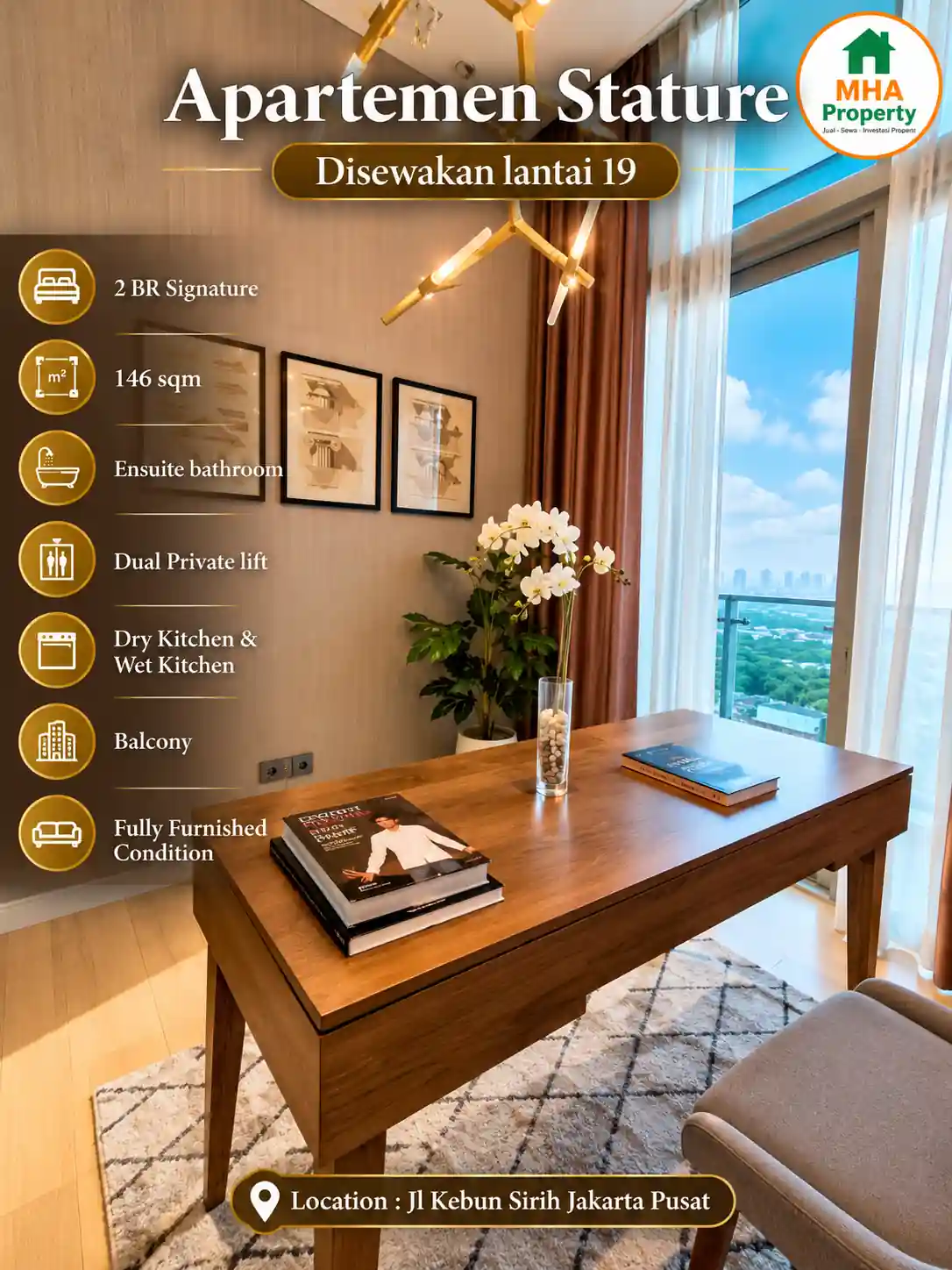 Ruang belajar dan area kerja di unit 2 Bedroom Signature The Stature Menteng