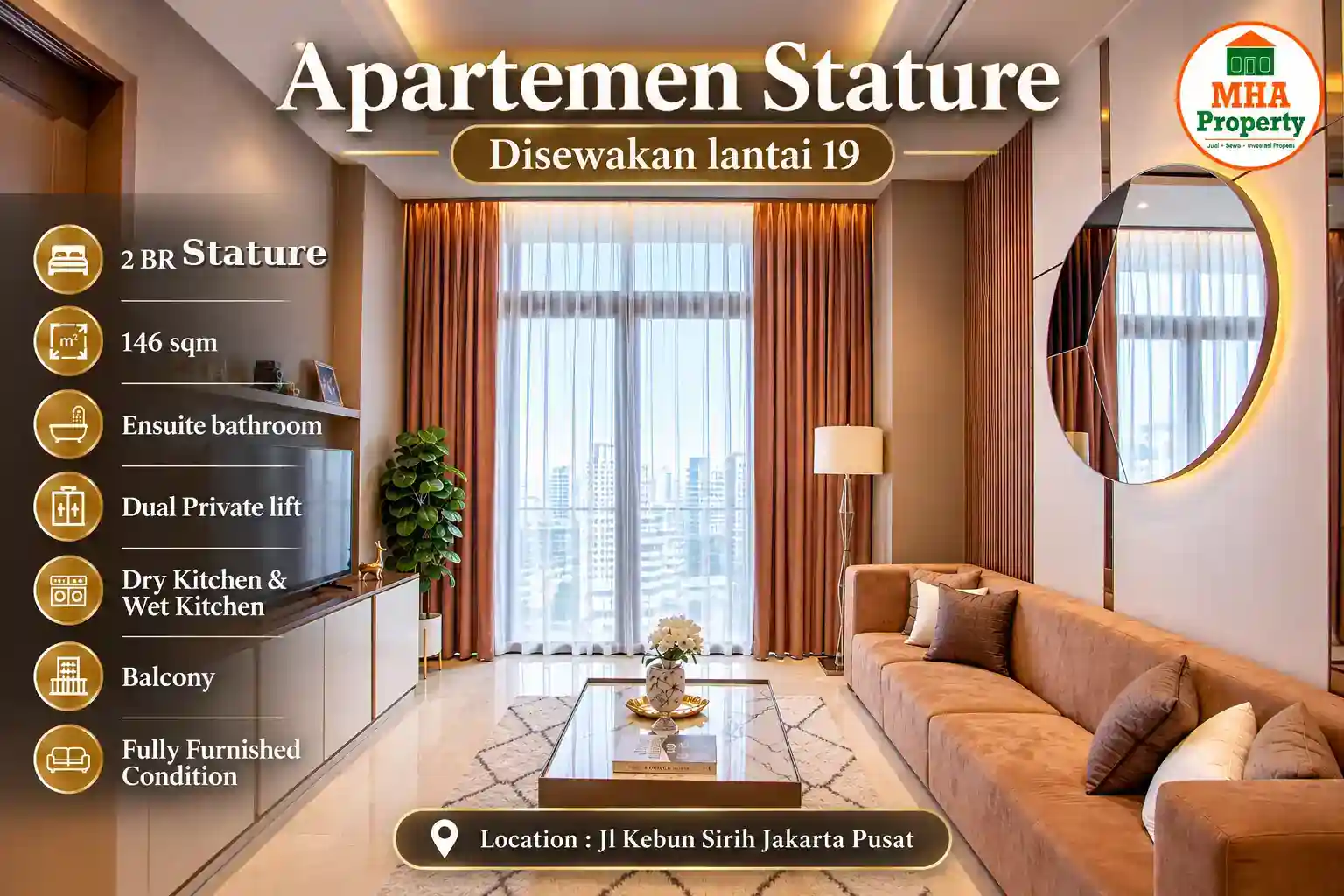 Ruang keluarga dengan city view di unit sewa apartemen Stature 2 kamar 146 m2 lantai 19