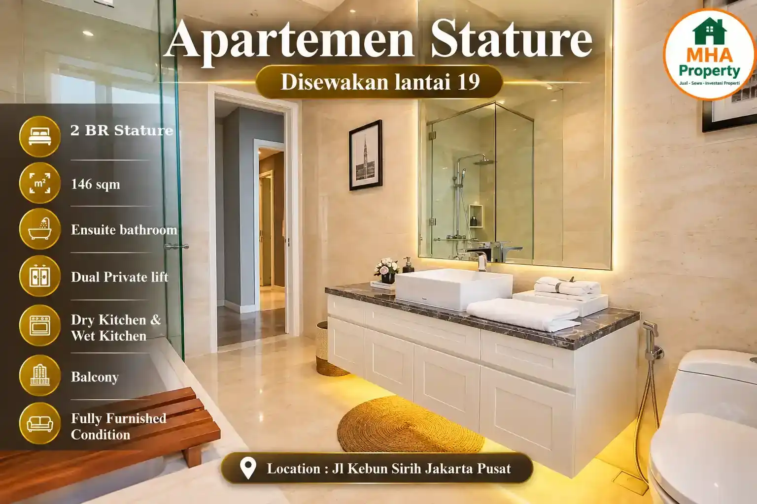 Area shower kamar mandi unit sewa apartemen Stature 2 kamar 146 m2