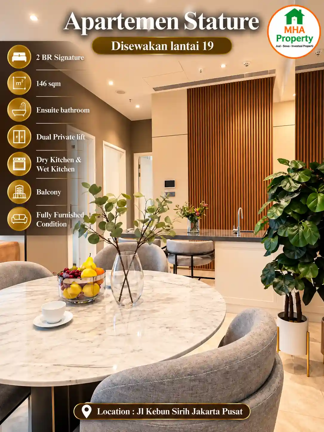 Interior unit 2 Bedroom Signature 146 m2 yang disewakan di The Stature Residence Menteng