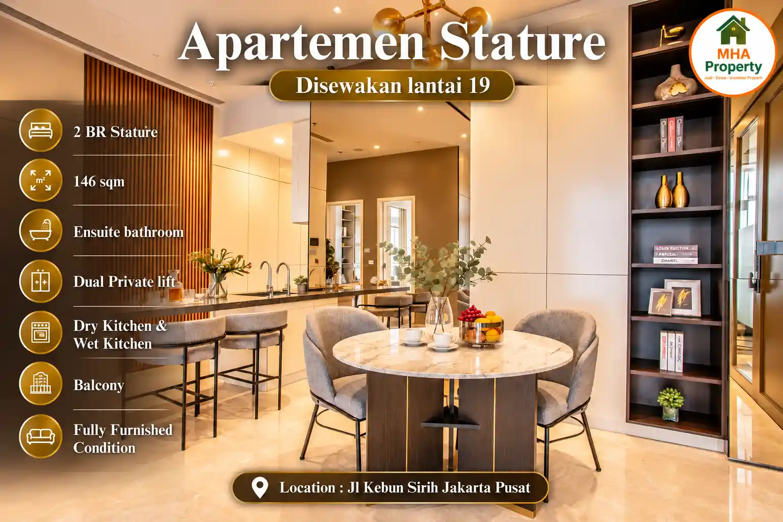Ruang tamu fully furnished di unit 2 Bedroom Signature The Stature Residence lantai 19