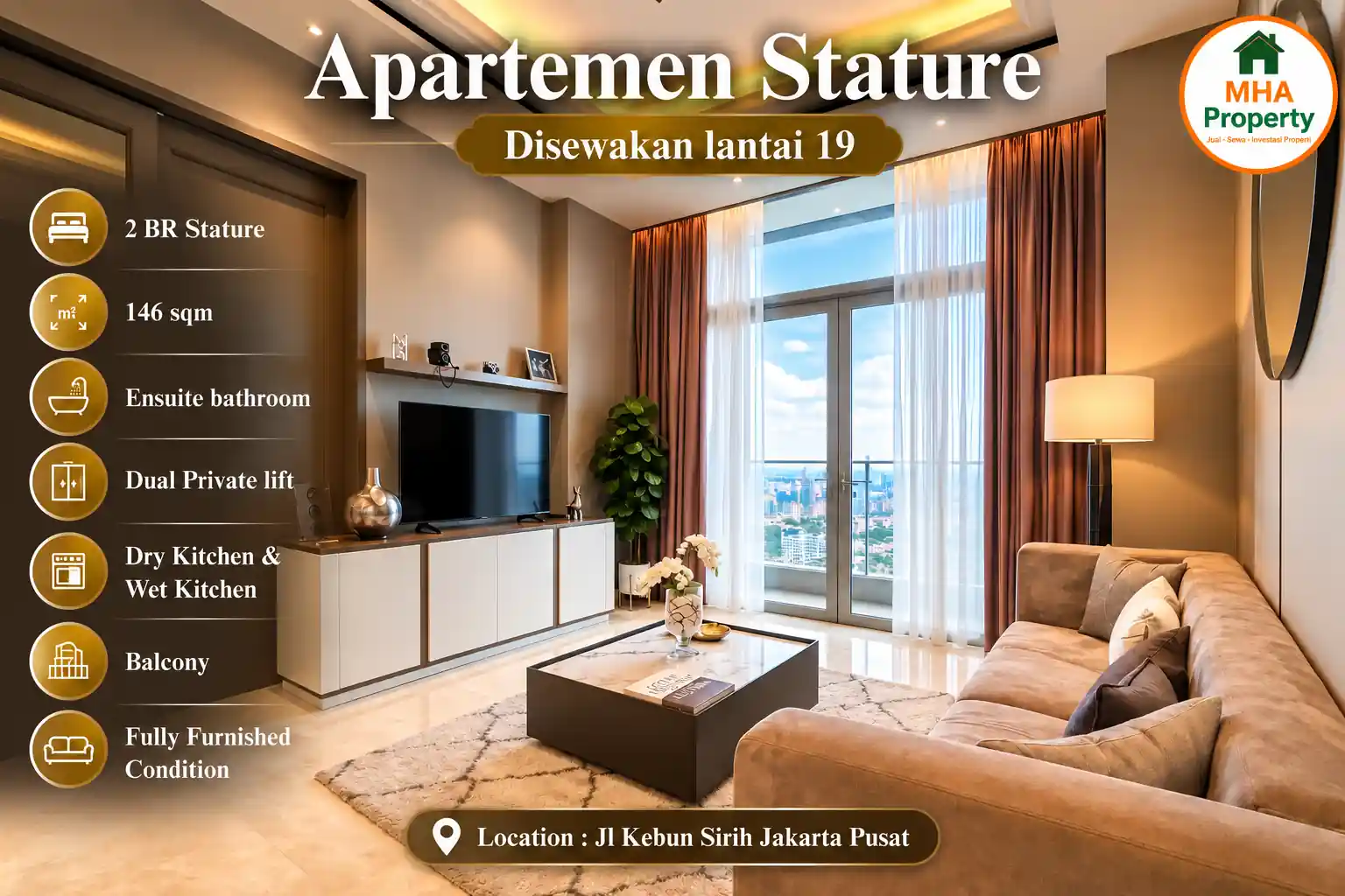 Ruang TV unit sewa apartemen Stature 2 kamar 146 m2 di lantai 19