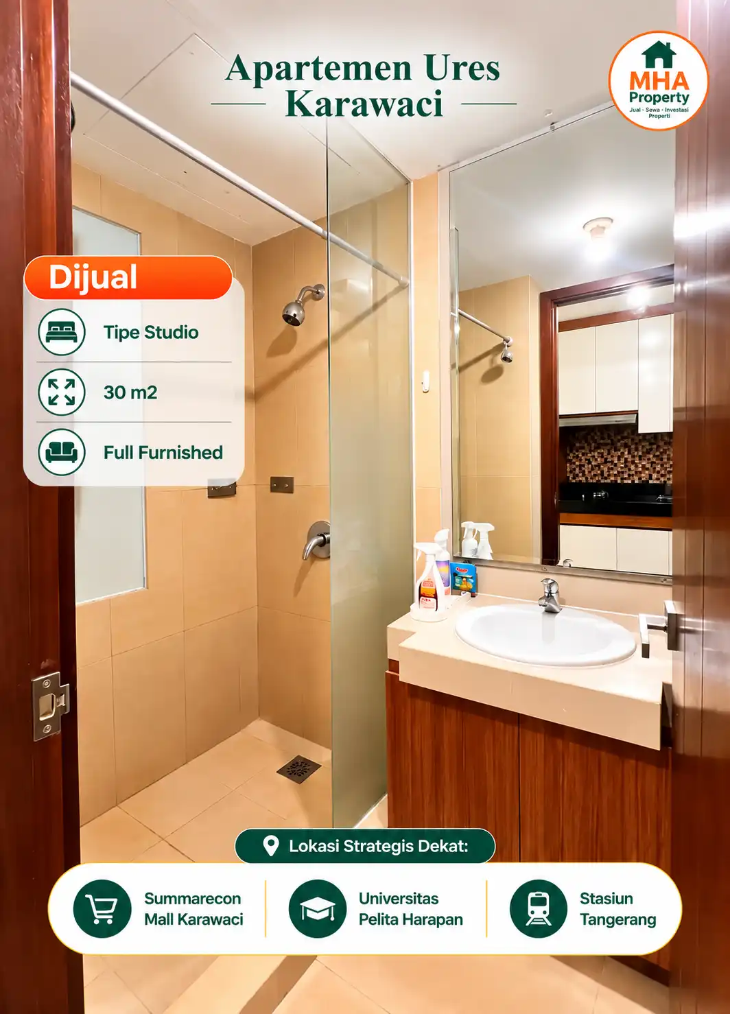 shower dengan partisi kaca di jual apartemen U Residence golf view
