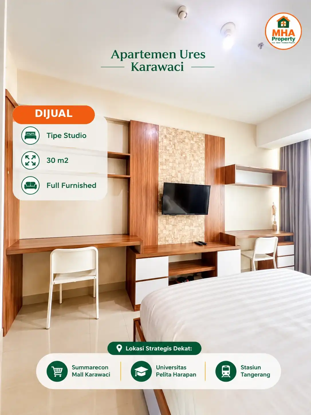jual apartemen U Residence golf view studio lantai 9 dinding TV dan dua meja kerja