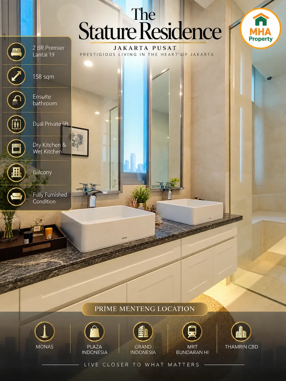 Wastafel ganda kamar mandi utama apartemen Menteng 2 kamar lantai 19