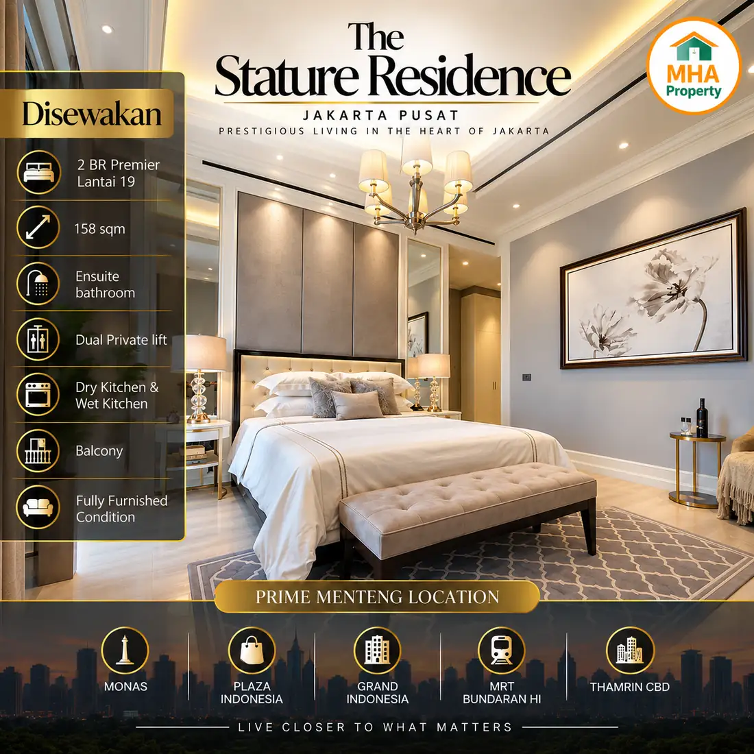 Kamar utama sewa apartemen Menteng 2 kamar 158 m² lantai 19