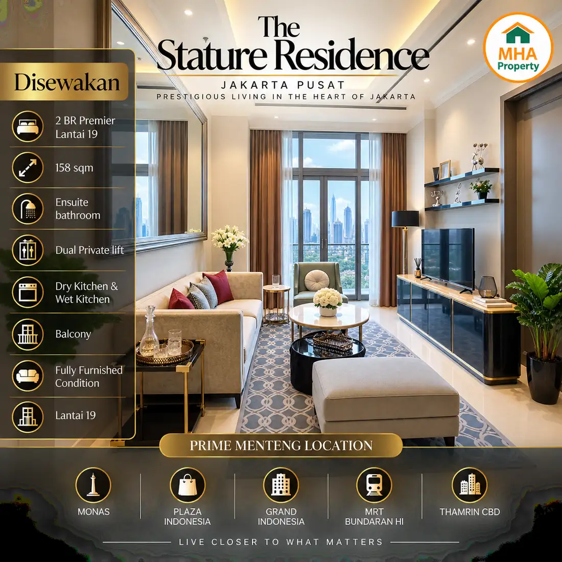 Ruang keluarga sewa apartemen Menteng 2 kamar dengan city view dari lantai 19