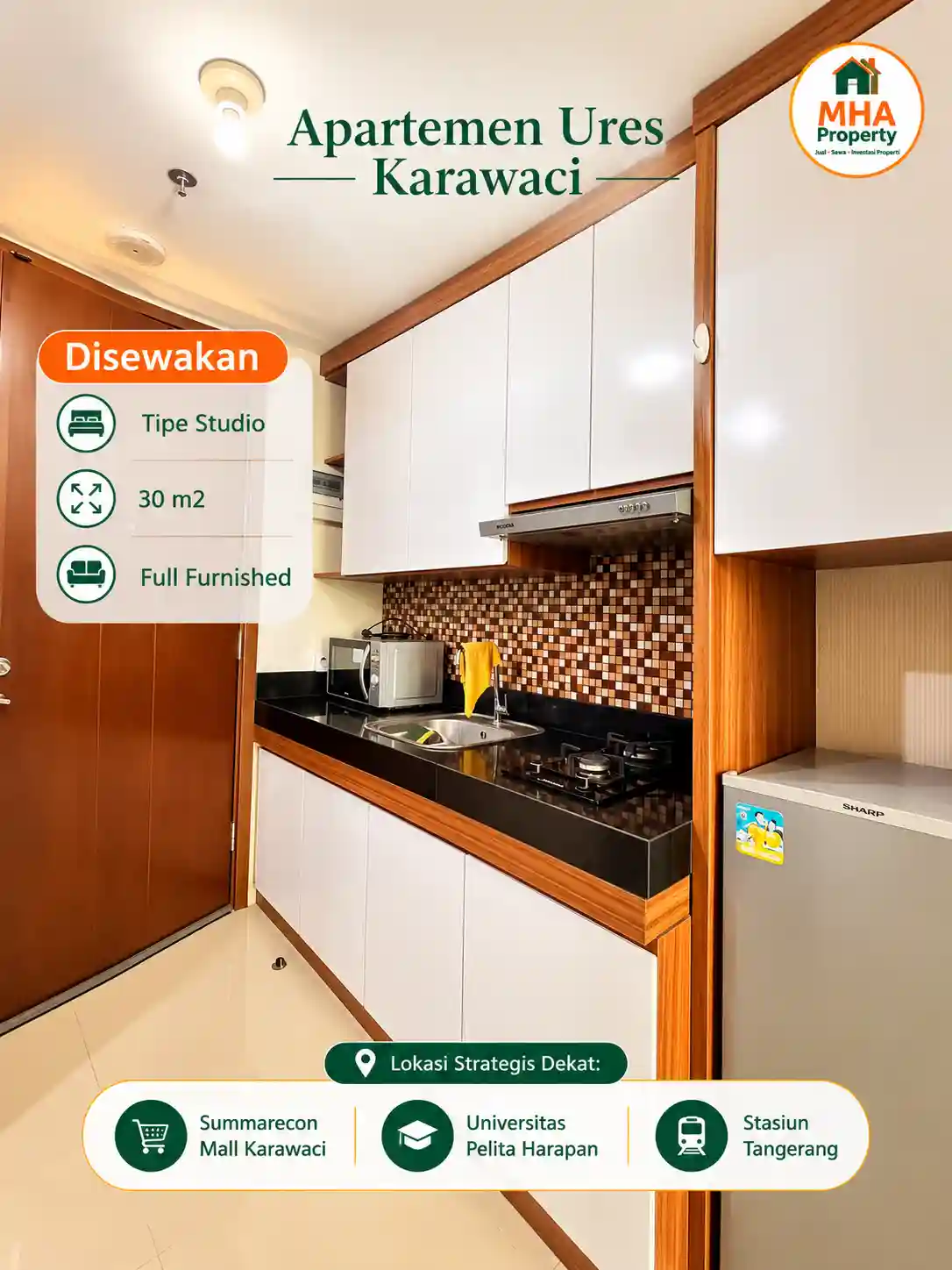 dapur lengkap sewa apartemen U Residence Karawaci dengan kompor kulkas dan dispenser