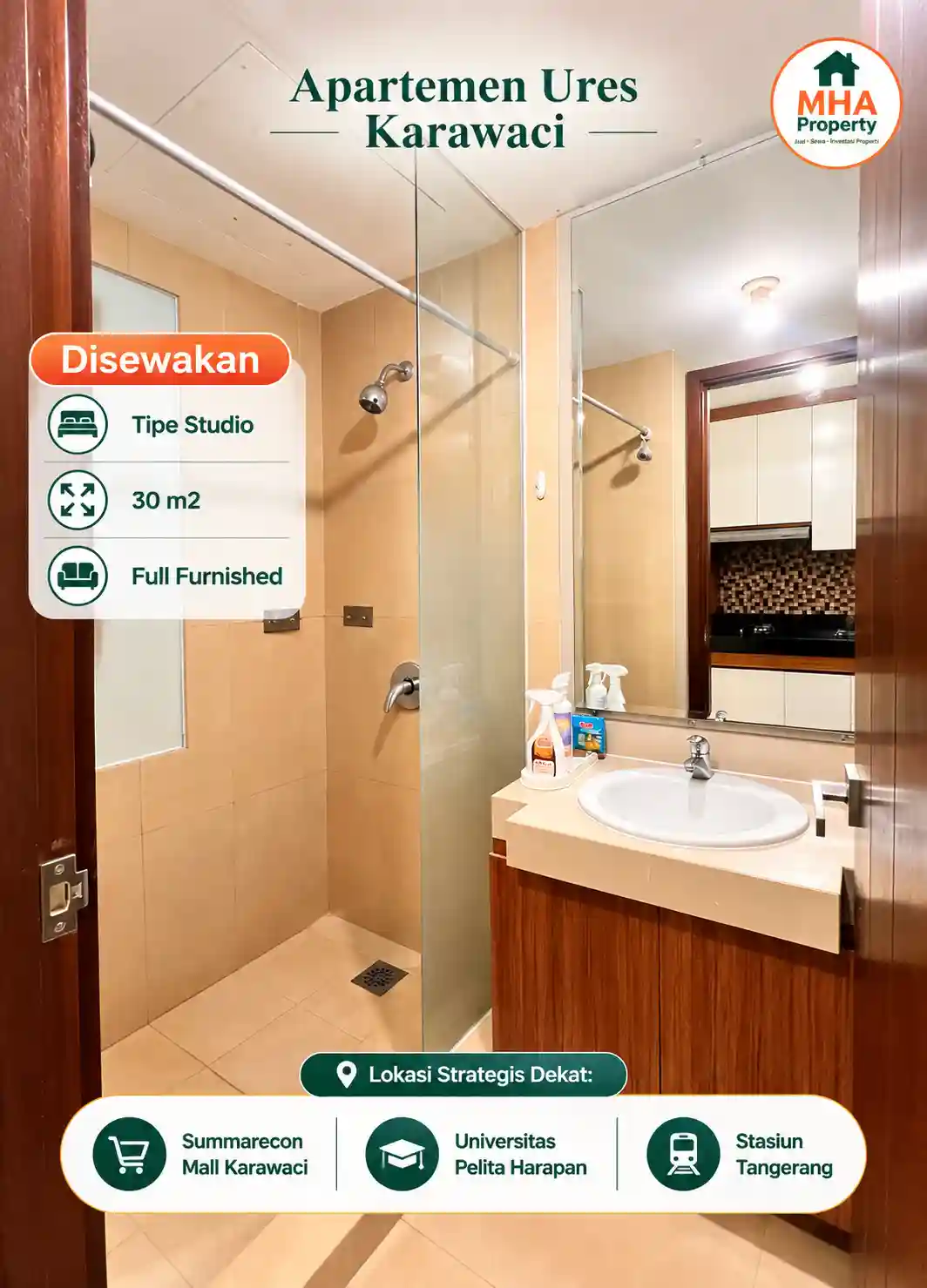 shower dengan partisi kaca di kamar mandi sewa apartemen U Residence Karawaci