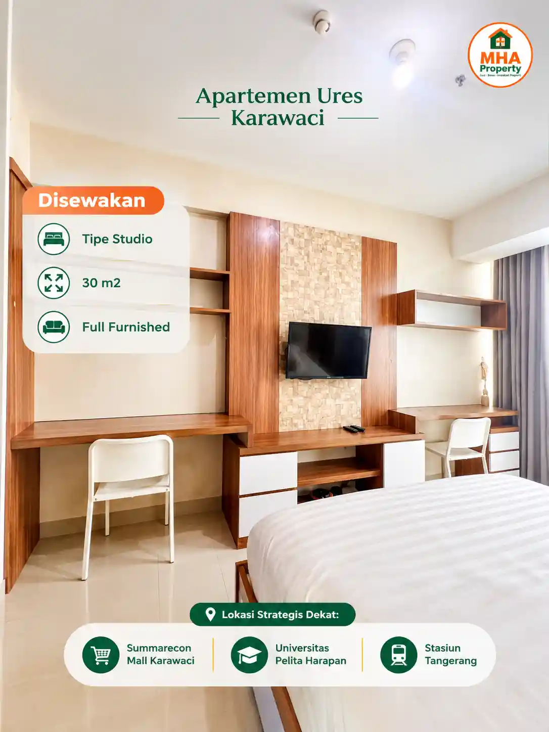 sewa apartemen U Residence Karawaci studio dinding TV dan dua meja kerja