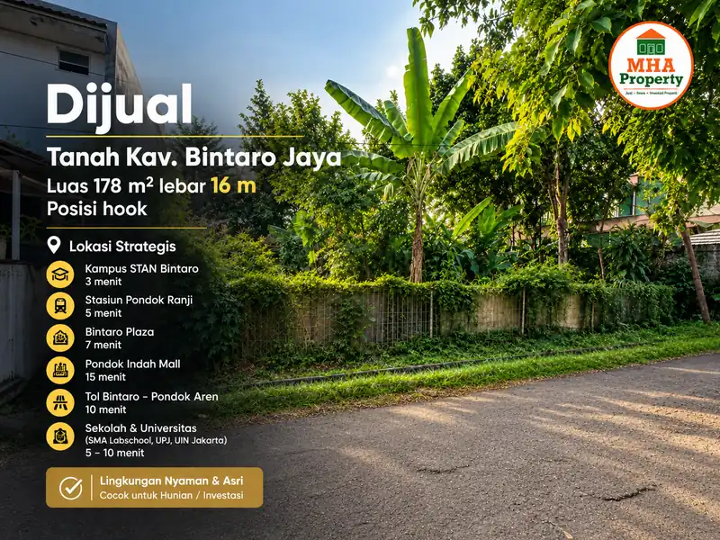 Tanah dijual Jabodetabek di Bintaro Jaya Sektor 5, kavling hoek 178 m² dekat Kampus PKN STAN