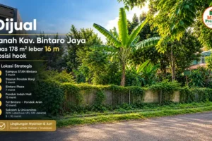 Tampak depan tanah kavling Bintaro Jaya lebar 16 m dari jalan perumahan